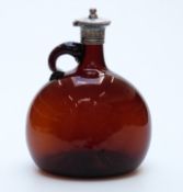 Mallet-shaped brown glass decanter with white metal mount,