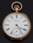 Waltham gold plated open faced keyless winding pocket watch with Roman numerals,