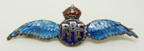 A silver RAF sweetheart brooch set with blue enamel wings and further enamel, L5.