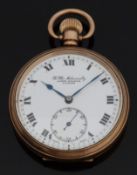 James Walker of London gold plated open faced keyless winding pocket watch with Roman numerals,