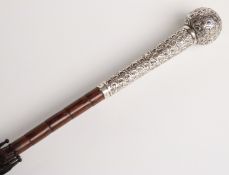 Edwardian parasol with hallmarked silver spherical tapering handle with repoussé decoration,
