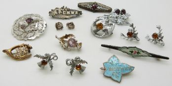 A silver thistle brooch, two pairs of Mizpah earrings in the form of thistles by W.