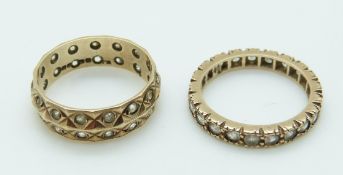Two 9ct gold eternity rings set with paste