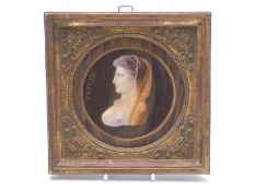 Victorian handpainted ceramic plaque 'Psyche' in gilt wood frame 