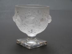 Lalique Elizabeth frosted glass goblet decorated with birds amongst foliage raised on a clear