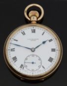 J W Benson of London 9ct gold open faced keyless winding pocket watch with Roman numerals,