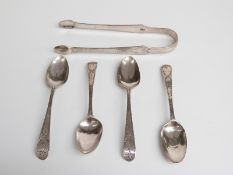 Georgian pair of bright cut Newcastle hallmarked silver sugar tongs together with four similar