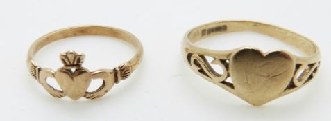 A 9ct gold heart shaped signet ring and a 9ct gold Claddagh ring, 2.