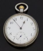Omega open faced keyless winding pocket watch with Arabic numerals,