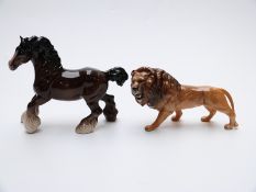 Beswick lion and Cantering Shire