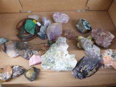 A quantity of quartz samples including diopside, sulphur crystal, amethyst,
