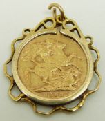 An 1893 gold full sovereign in a 9ct gold clip mount, 11.