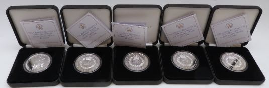 Jubilee Mint Queen Elizabeth II Sapphire Jubilee silver proof five pound coins, five in all,