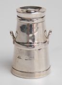 Early 20thC novelty hallmarked silver pepper formed as a milk churn, marks rubbed, height 4cm,