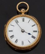 18ct gold open faced pocket watch with blued hands, Roman numerals, white enamel face,