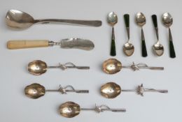 Five jade handled spoons marked sterling,