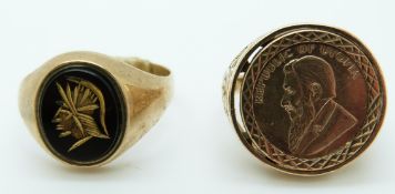 A 9ct gold ring set with an intaglio and a 9ct gold ring set with a faux coin