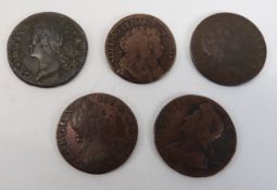 William and Mary halfpenny, 1694 Irish example, George II 1733 halfpenny and a 1750 Irish example,