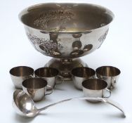 Large plated pedestal punch bowl, diameter 30cm, ladle and cups.