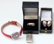 A silver clip watch set with paste, silver ring,