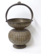 19th /20thC Indian engraved lobed brass gourd shaped vessel with knopped handle,