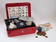 A collection of coins comprising largely UK and USA, some silver, bank notes, modern crowns,