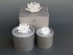 Set of three graduated Swarovski Crystal cut glass Waterlily Candle Holders, largest 13.