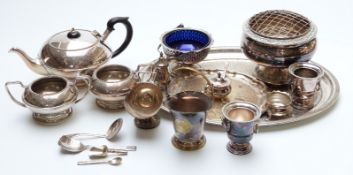 Silver plated tea set and tray together with a quantity of other plated items including a dish with