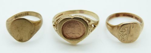 Two 9ct gold signet rings and a 9ct gold ring set with a faux coin, 5.