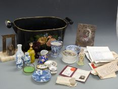 Toleware twin-handled jardiniere, ceramics including Prattware pot,