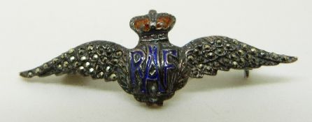 A silver RAF sweetheart brooch set with marcasite and blue enamel, L4.