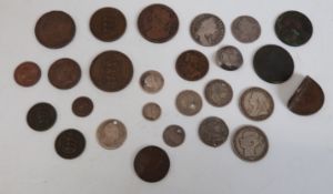 Collection of interesting coins in various grades, some bent as love tokens or pierced,