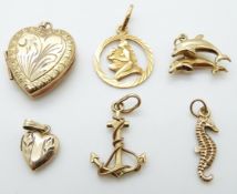 Six gold pendants including a heart locket, sea horse, anchor etc, 8.