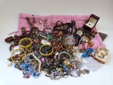 A collection of costume jewellery including silver ring, pearls, French jet,