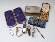 A silver backed brush, 9ct gold ladies watch, watches, silver buckle,