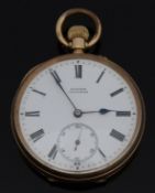 Baume Longines 9ct gold open faced keyless winding pocket watch with Roman numerals,