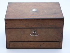 Burr walnut mother-of-pearl inlaid jewellery box or vanity case with fitted interior and two secret