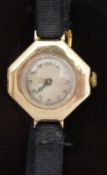 Ladies 9ct gold wristwatch with blued Breguet hand, Arabic numerals and octagonal case,