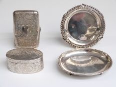 Hallmarked silver cigarette case and two hallmarked silver trays, width of larger 10cm,