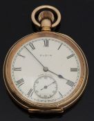 Elgin gold plated open faced keyless winding pocket watch with Roman numerals,