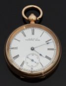 Waltham gold plated open faced pocket watch with Roman numerals, inset subsidiary seconds dial,