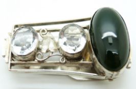 Arts and Crafts silver clip set with quartz and an agate cabochon by George Hunt, 2.8 x 4.