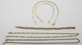 A 9ct gold plaited bracelet, 9ct gold textured necklace, 9ct gold necklace and 9ct gold sections,
