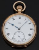 J W Benson of London 9ct gold open faced keyless winding pocket watch with Roman numerals,