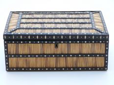 Early 20thC ebony jewellery box with mother-of-pearl inlay and porcupine quill insets,