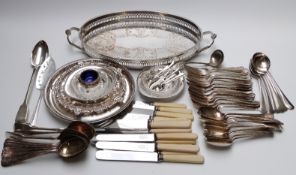 A collection of silver plated cutlery flatware to include rat-tail spoons, salvers, small dishes,