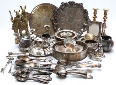 Plated and metal ware including brass Viking figures,