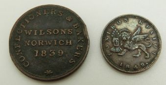 Wilsons of Norwich, Confectioners and Bakers 1839 farthing, together with an 1849 Ionian 1 Lepton,