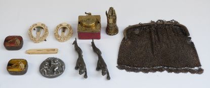 Various collectable tins, multi tool, carved ivory miniature photograph frames, inkwells,