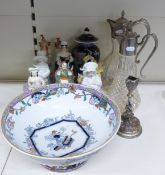 Large pedestal ironstone punch bowl, Staffordshire figures, Chinese famille noir vase and cover,